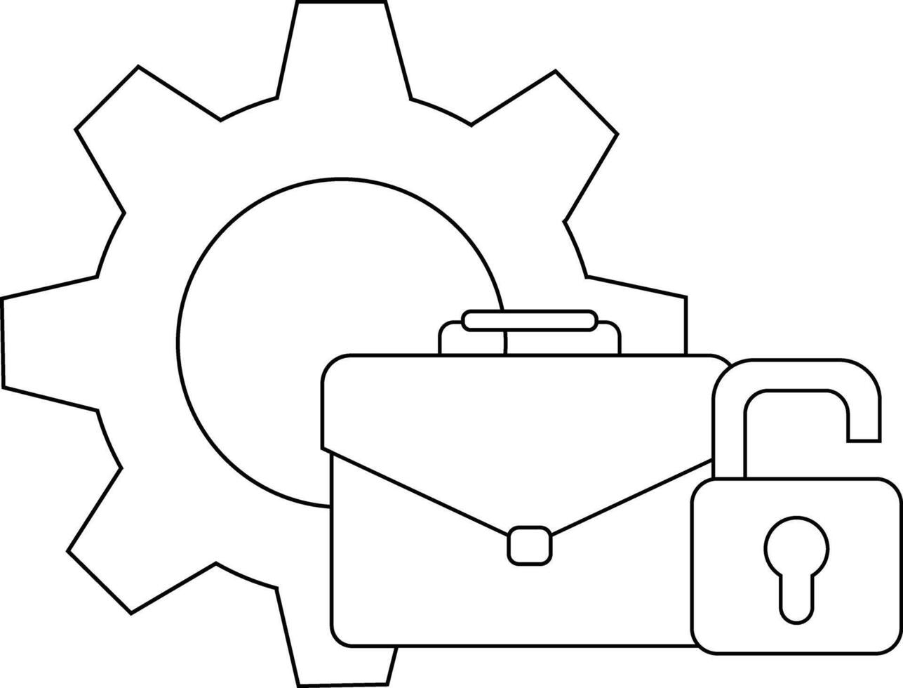 Gear briefcase and unlocked padlock with a keyhole are depicted in simple line art vector