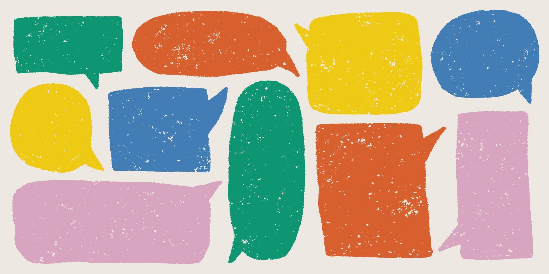 Bright colorful doodles and crayon borders in sketch style, naive funny speech bubbles, text box chalkboard frame and joyful childlike shapes. vector