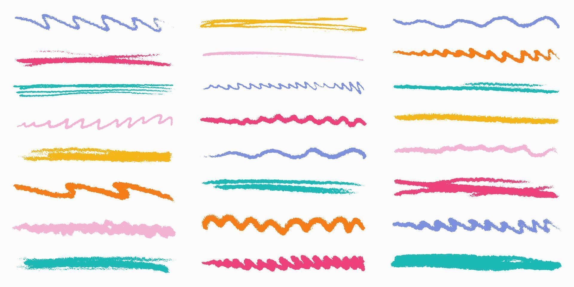 Colorful crayon sketch arrows with chalk underlines and messy swirls, scribble style direction pointers and grainy effect. vector
