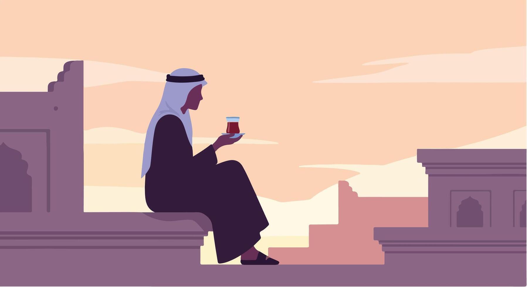 Man in traditional attire enjoying a tea break against a desert backdrop vector