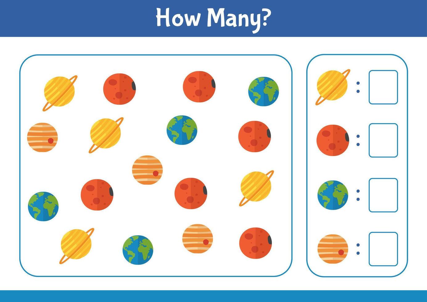 Fun space themed worksheet for children practice counting different planets and writing the correct number vector