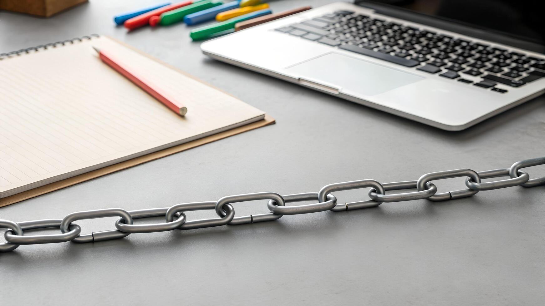 Overhead View of Open Laptop Notebook and Chain on a Gray Tabletop photo