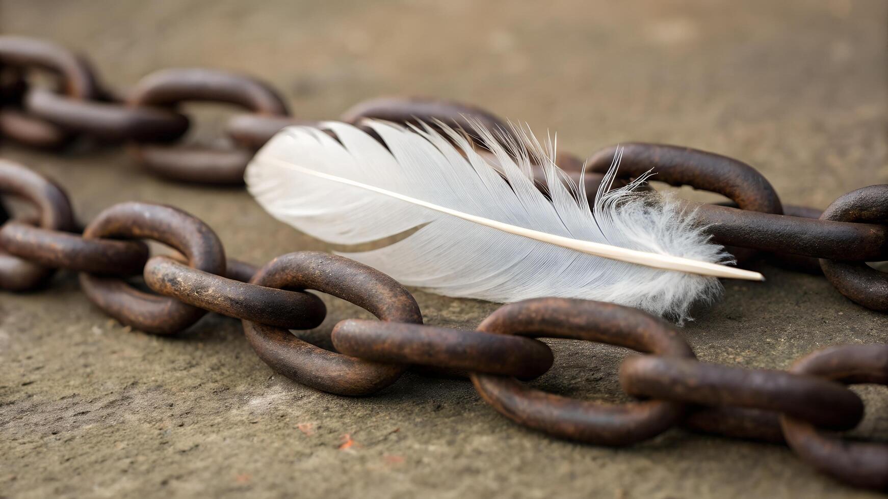 Rusty Chain Links Intertwined With Delicate Feather on Rough Concrete Ground Symbolizing Vulnerability photo