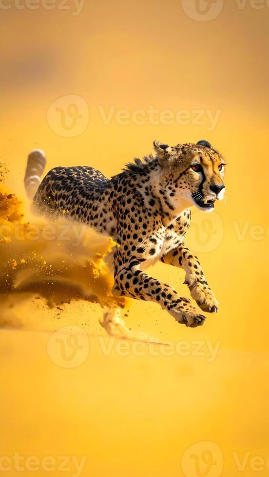 Dynamic cheetah sprints through desert sand, capturing raw power and speed in motion photo