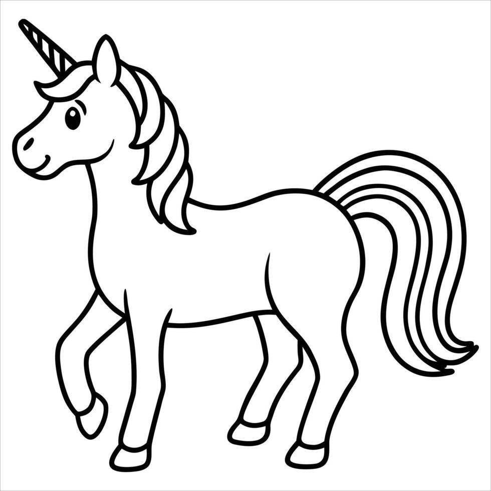 Outline illustration of a magical unicorn, a mythical horse with a single horn on its forehead, presented in a clean, graphic style vector
