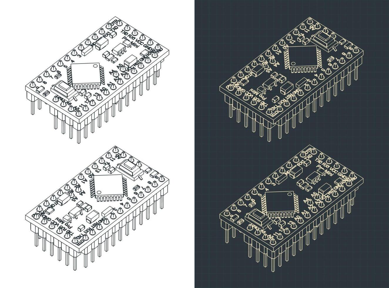 Arduino pro mini isometric drawings vector