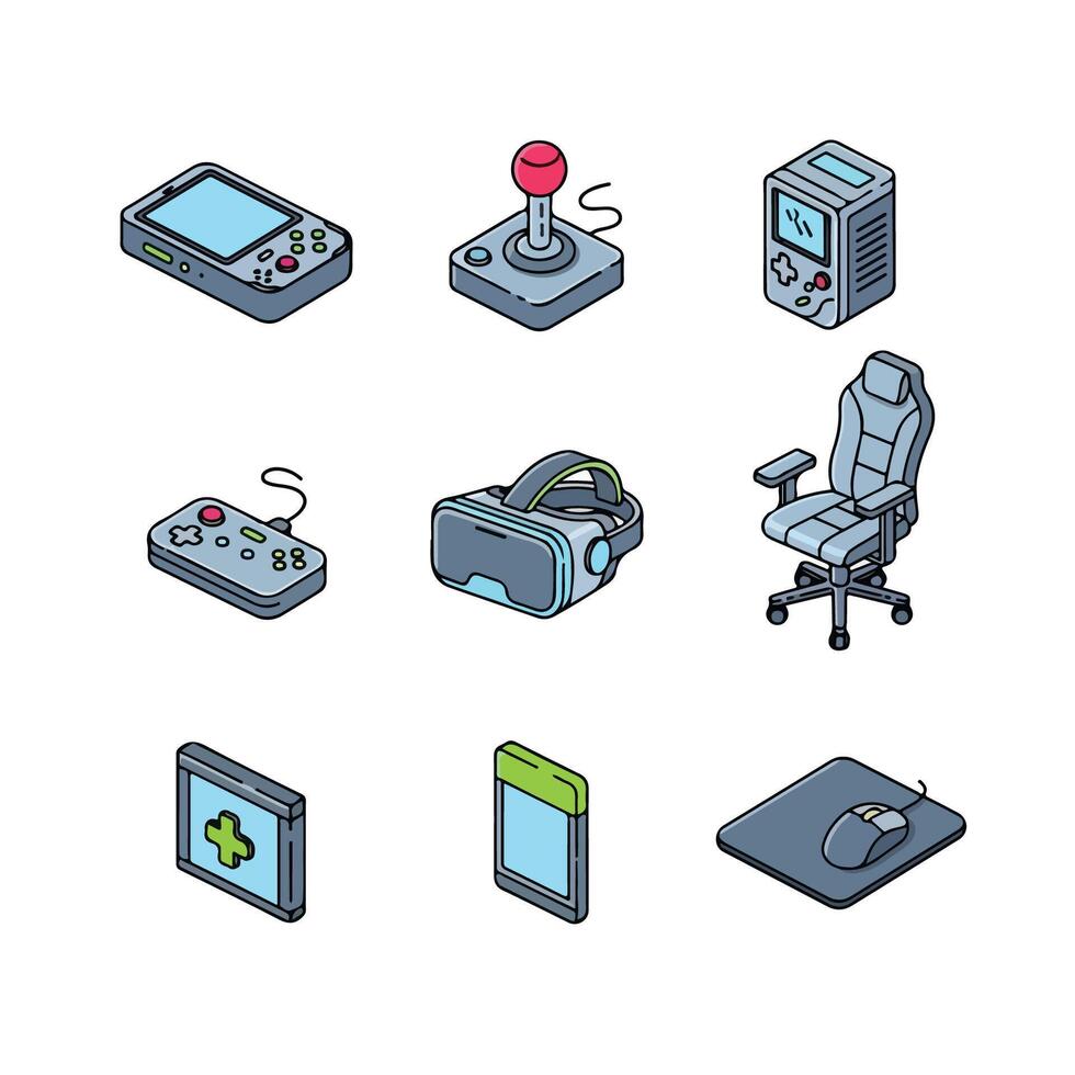 un conjunto de íconos ese incluir un computadora, un juego controlador, un ratón y un teclado vector