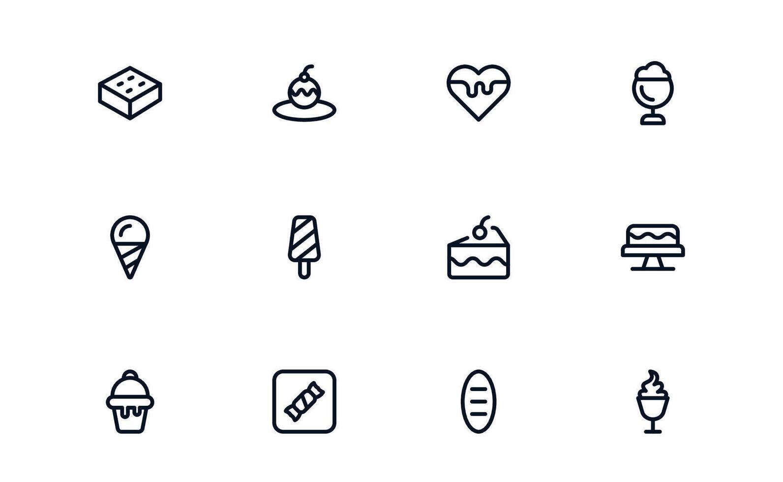 Ice Cream and Desserts Icons with balanced flat design for ice pops, sundaes, and dessert items in web, mobile applications, and menu templates. vector