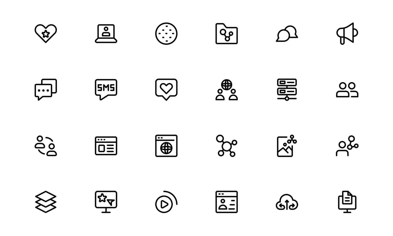 Social Sharing Icons with modern minimal outline for communication apps, sharing buttons, and interaction systems in websites and mobile dashboards. vector