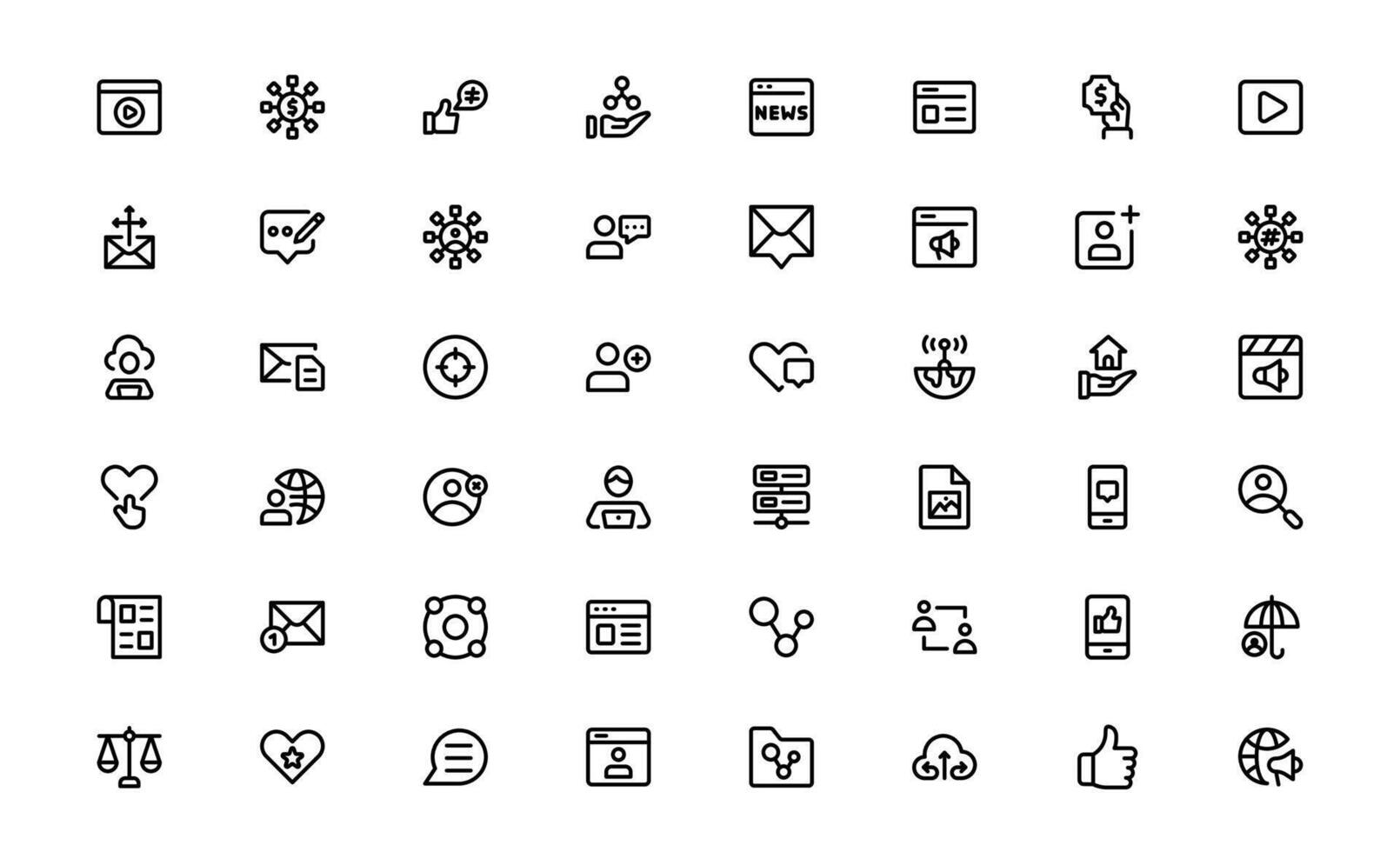 Social Sharing Icons with minimal flat outline for online connections, digital communication, and user interaction visuals in web and mobile platforms. vector