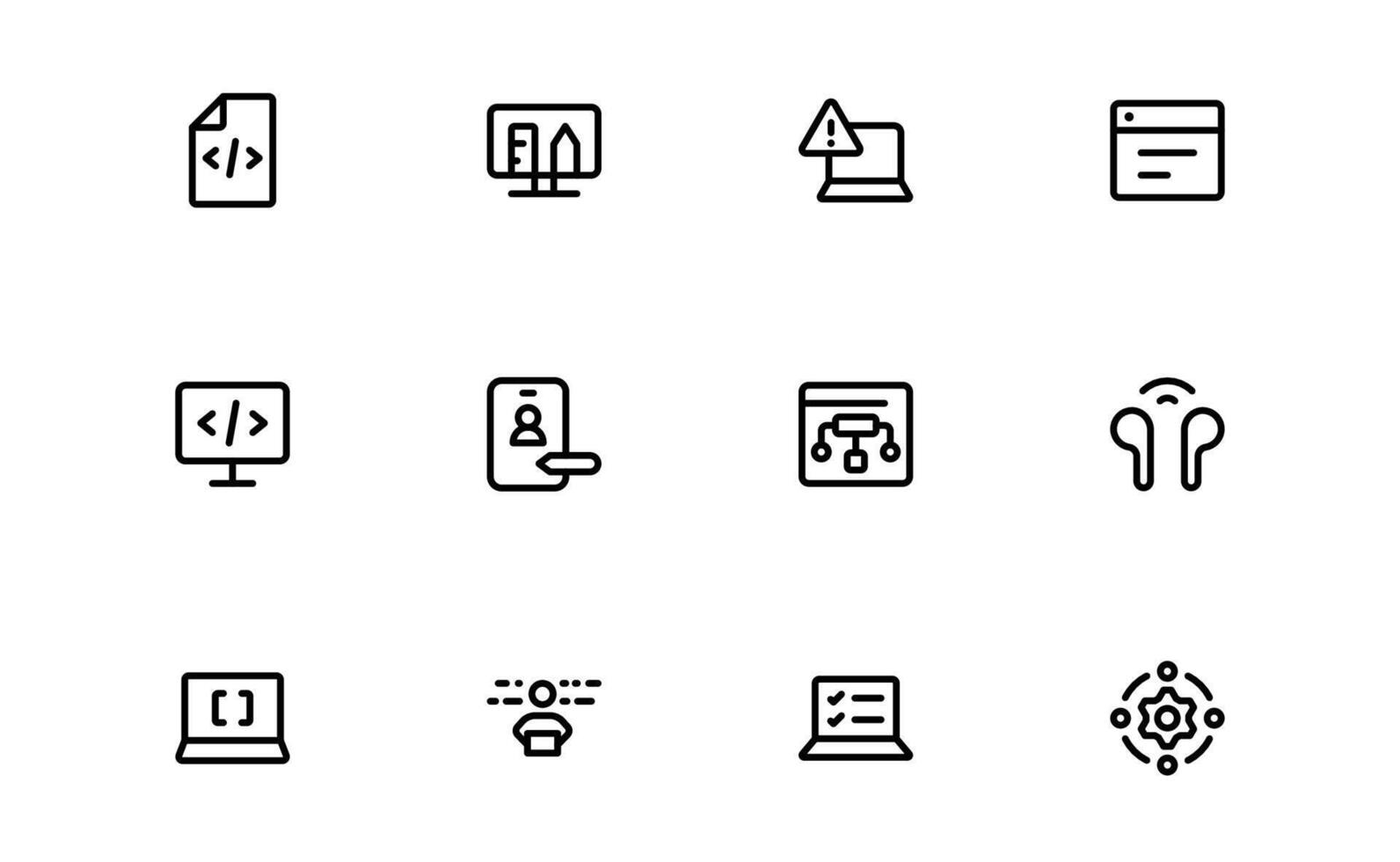 Modern Technology and Development Icons with balanced line art for AI tools, digital systems, and futuristic development in web and mobile interfaces. vector