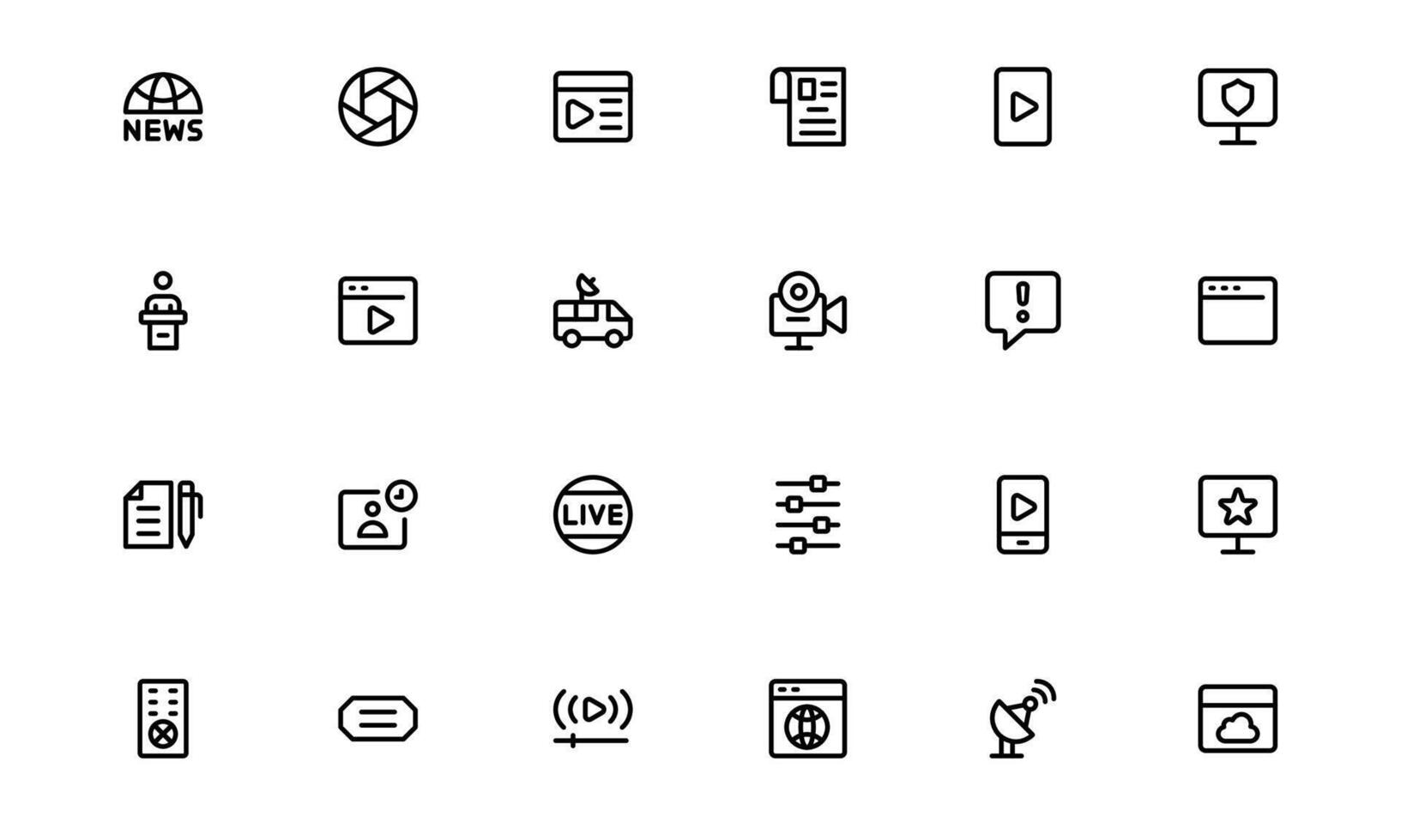 Media Icons with simple minimal outline for digital media, publishing, and broadcasting visuals for websites and mobile platforms. vector
