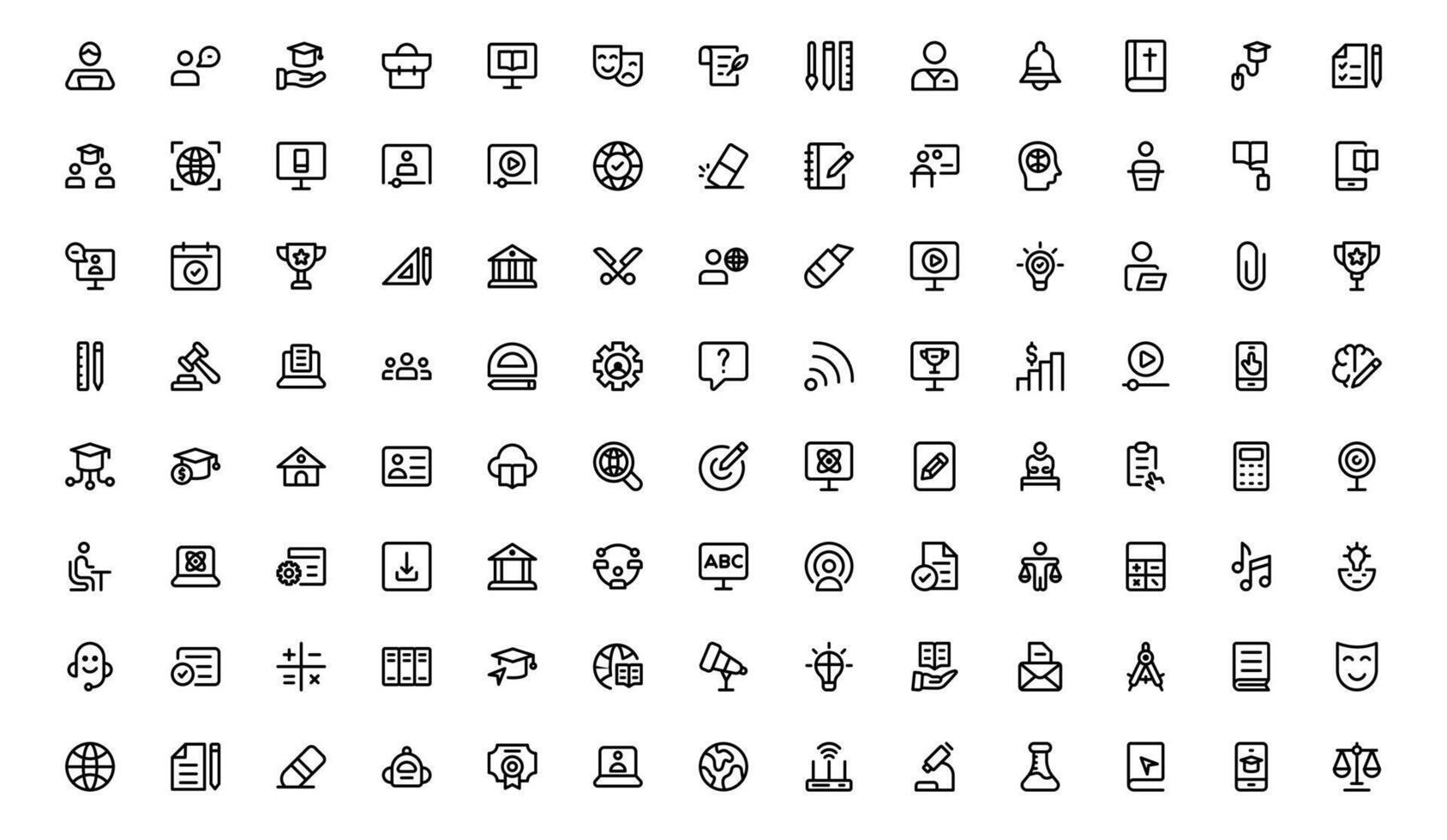 Modern Education Tools Icons with minimal flat outline for teaching technology, virtual classrooms, and learning management systems in modern interfaces. vector