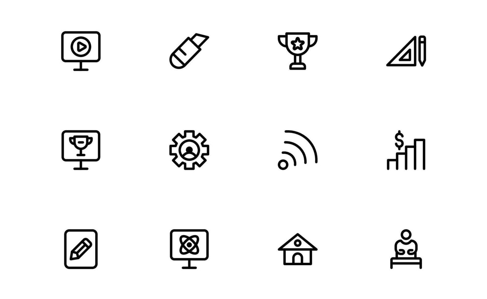 Modern Education Tools Icons with flat minimal outline design for e-learning, digital classrooms, and interactive teaching in apps and websites. vector