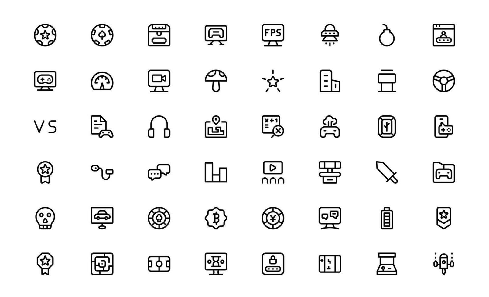 Gaming Icons with creative flat line art for gaming visuals, player controls, and online game interfaces in apps and web platforms. vector