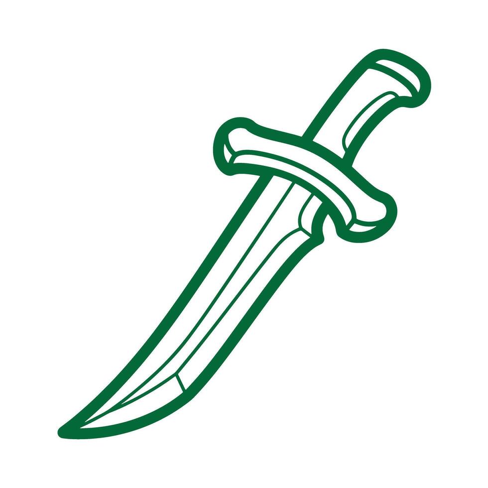 Green outline doodle illustration of a medieval weapon dagger with sharp pointed blade vector