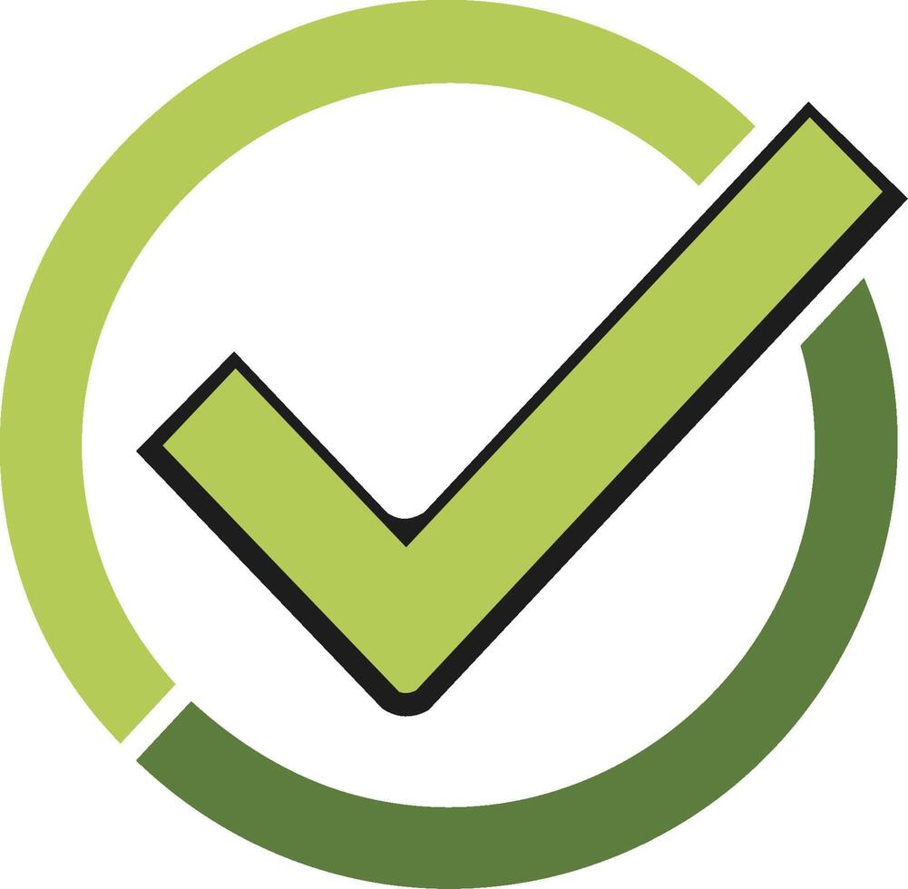 Green check mark icon inside a circle symbol representing confirmation and approval. vector