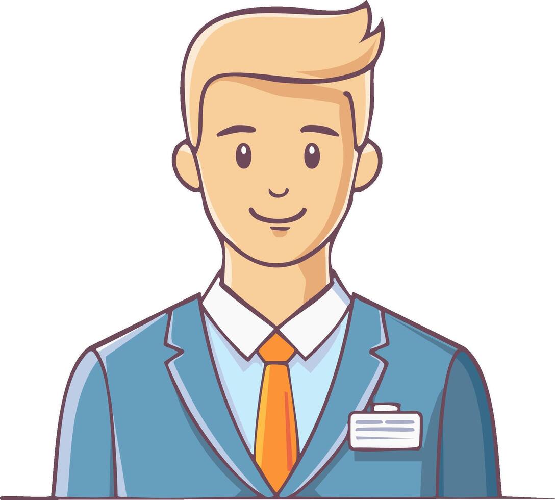Cartoon illustration of a smiling man in a suit with a tie and a name tag, embodying service and professional appearance. vector