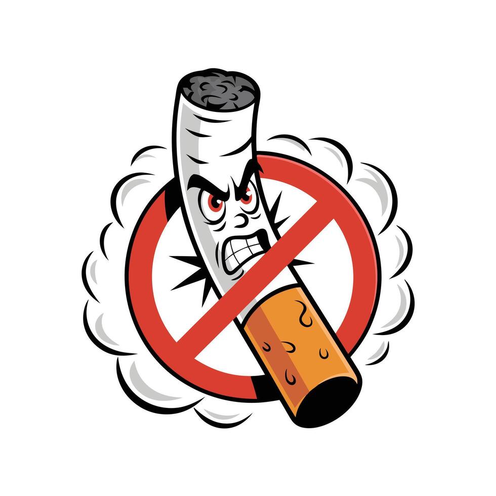 Angry cigarette inside red prohibition sign with smoke cloud, delivering a bold, expressive no-smoking and cessation message vector