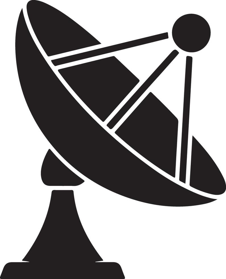 A bold black silhouette of a satellite dish, representing global communication, broadcasting, and space technology. icon design for science and data networks vector