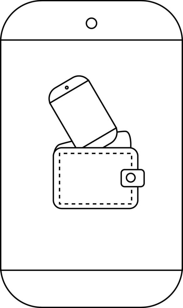 A phone rests atop a wallet both contained within the outline of another phone vector