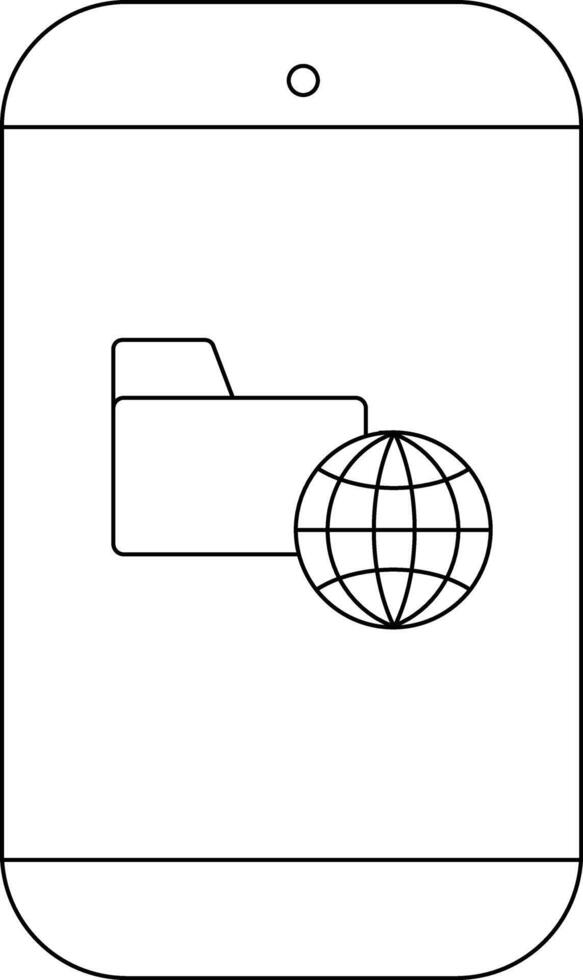 A line drawing of a smartphone display with a folder and globe icon on the screen vector