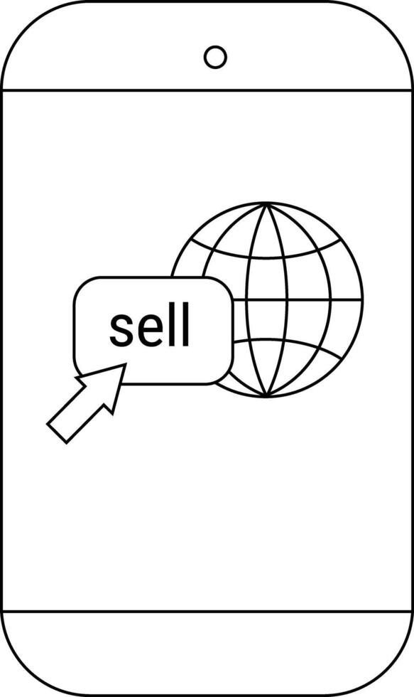 A smartphone displaying a globe and a sell button with a cursor pointing at it vector