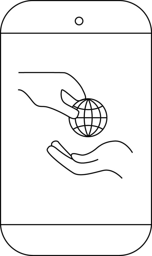 A smartphone shows a hand passing a globe to another hand in a white background vector