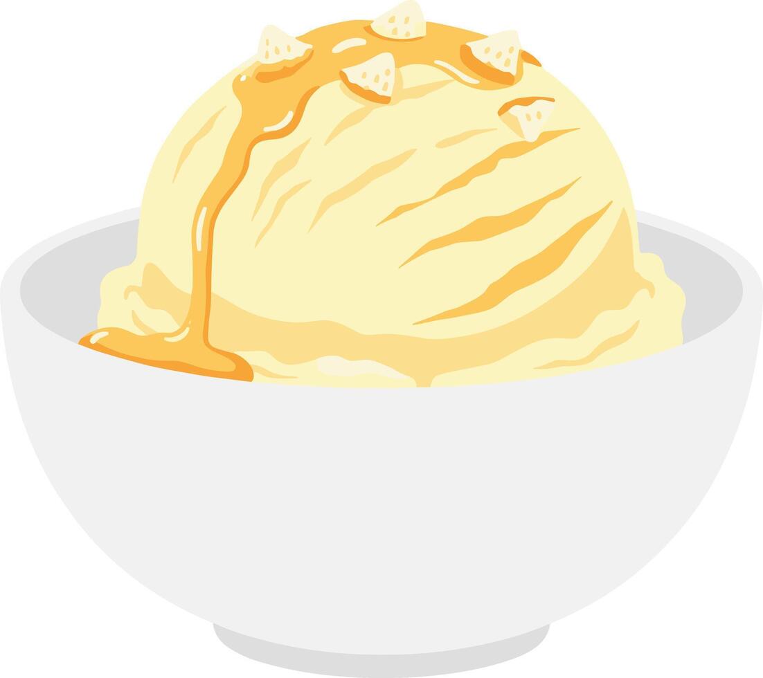 Simple Flat Style Ice Cream Scoop in Bowl with Caramel Drizzle vector