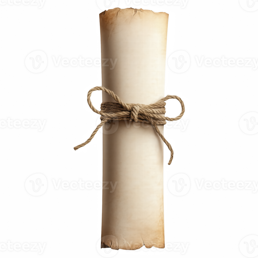 Ancient rolled parchment scroll tied with rope isolated on transparent background. png