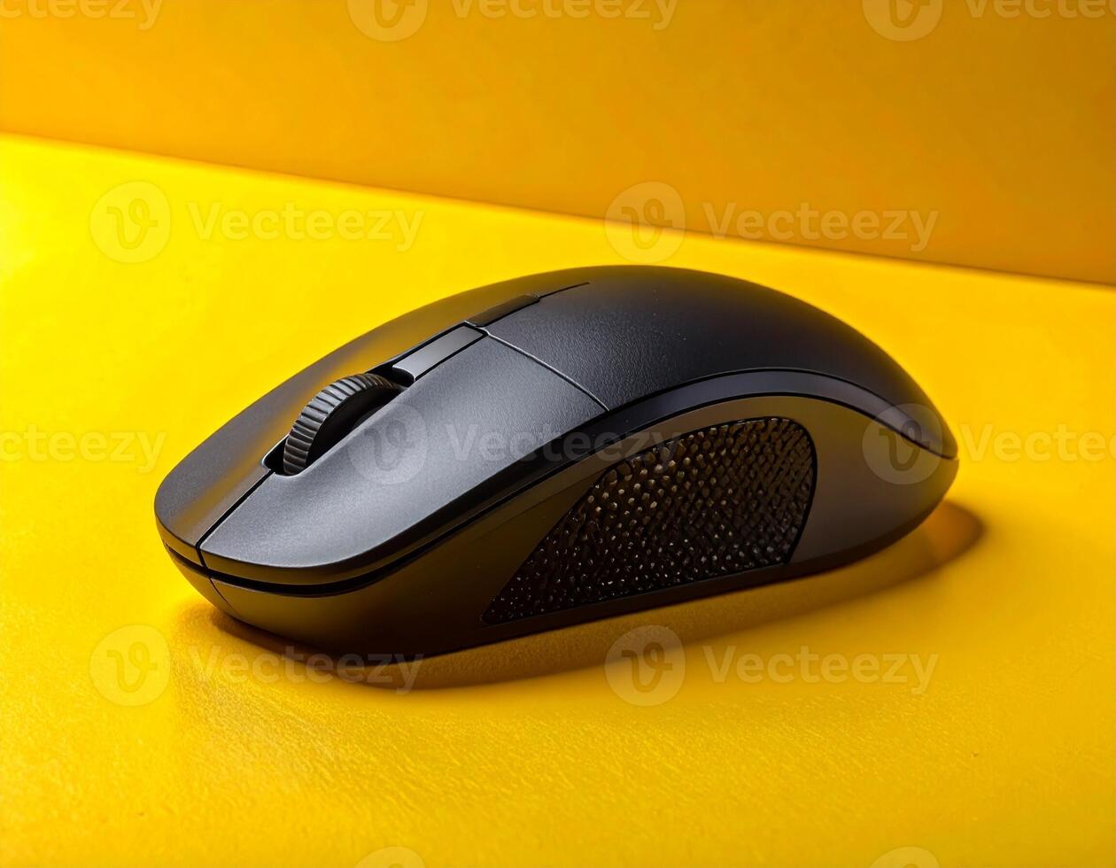Wireless Mouse, Black Computer Mouse on Yellow Background, single object photo