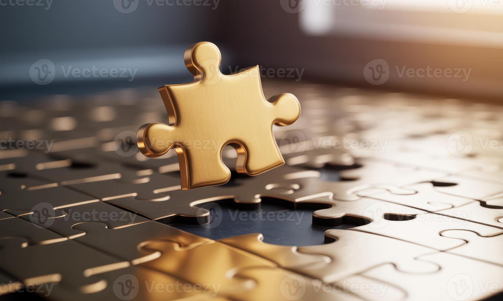 Golden puzzle piece hovering, ready to complete a challenge or find a solution photo