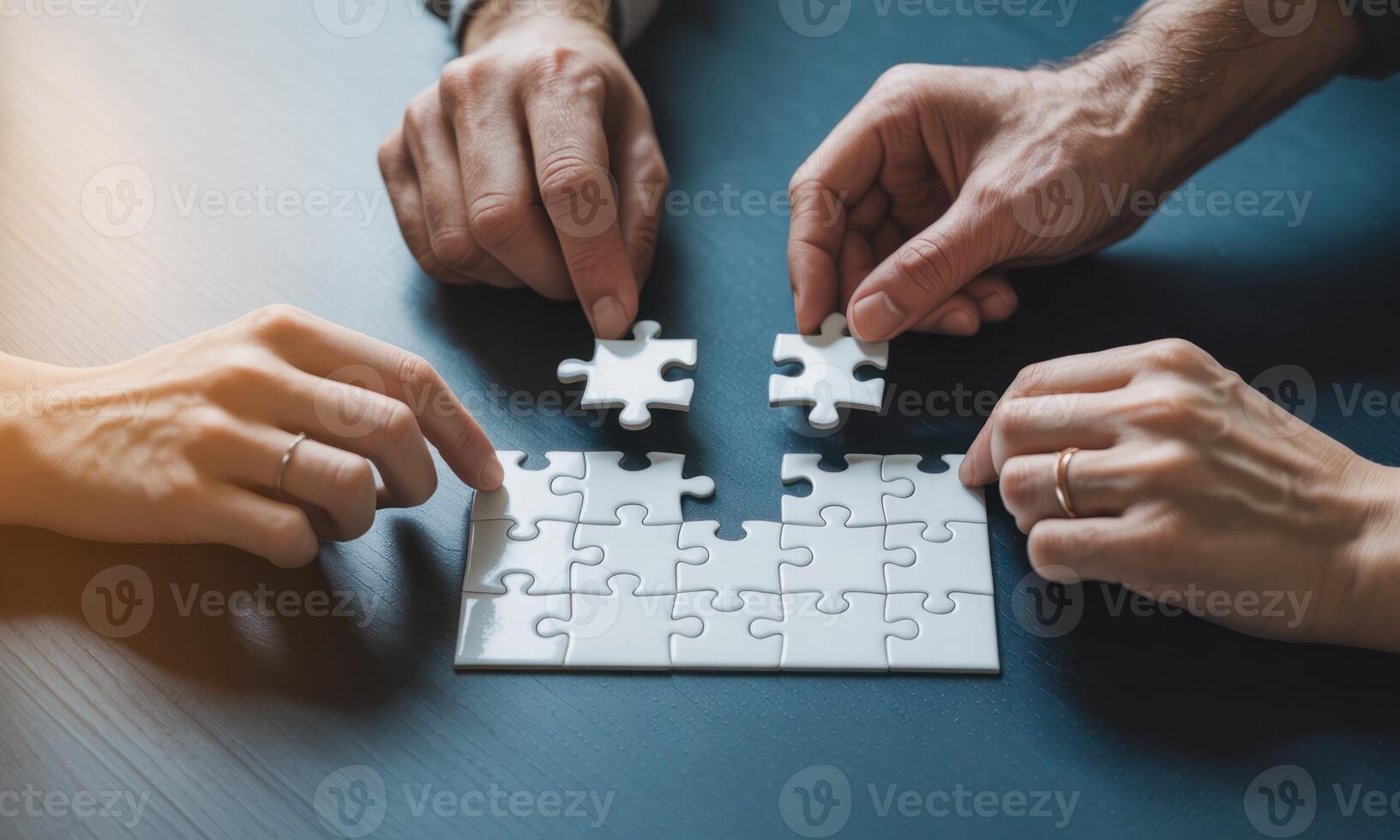 Business people hands assembling white jigsaw puzzle pieces on a dark table, representing teamwork and solution. photo