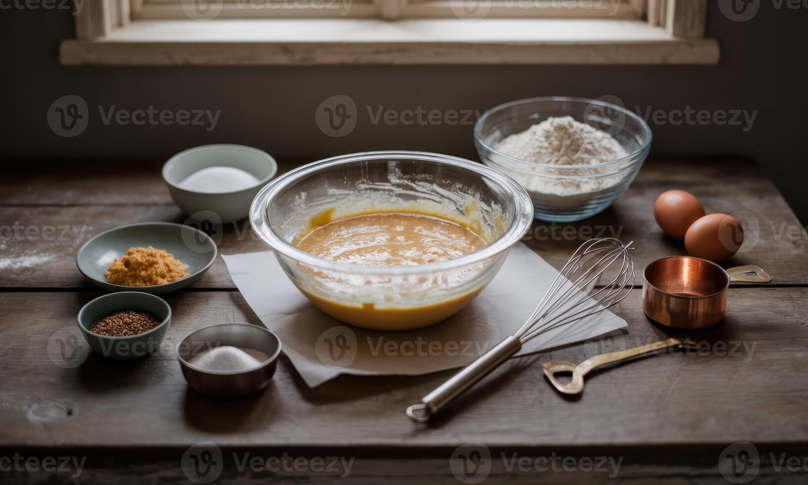 Various baking ingredients and tools meticulously arranged on a rustic wooden table for homemade recipe preparation photo