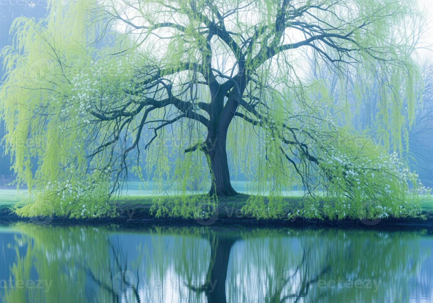 Vibrant weeping willow tree with fresh lime green leaves reflecting in a tranquil misty pond in early spring photo
