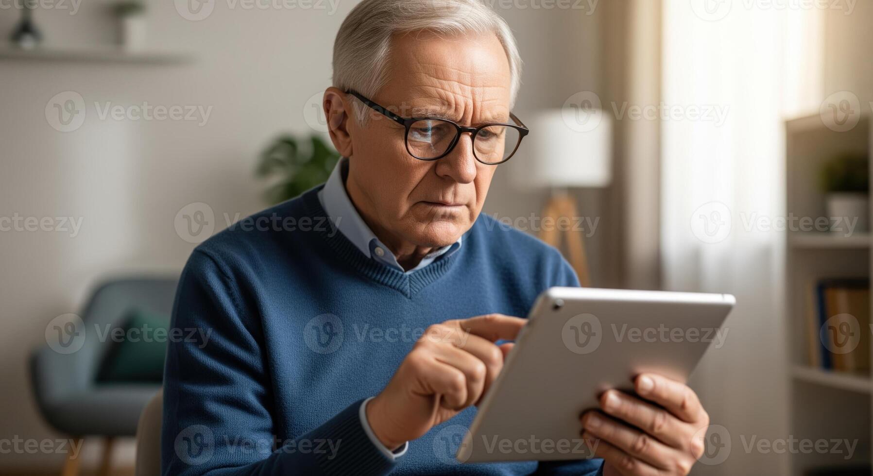 Focused senior man with reading glasses intently using a digital tablet at home photo