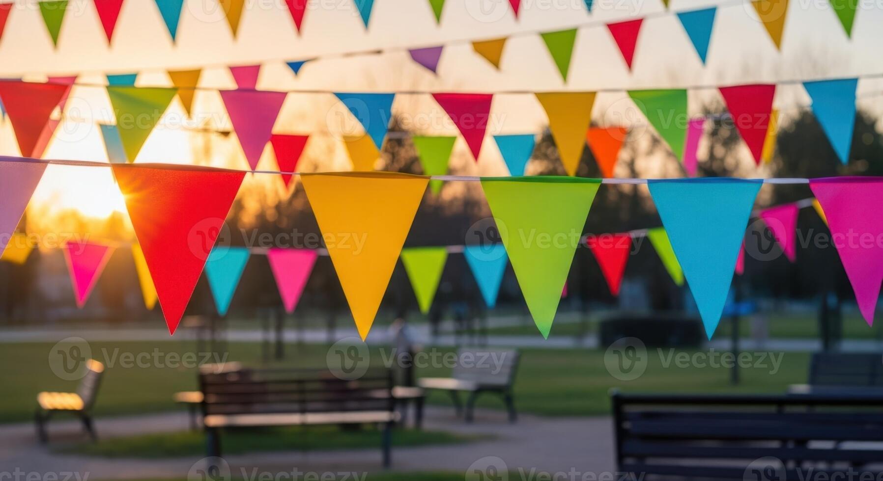 Vibrant colorful triangular bunting flags strung across multiple lines in a park at sunset photo