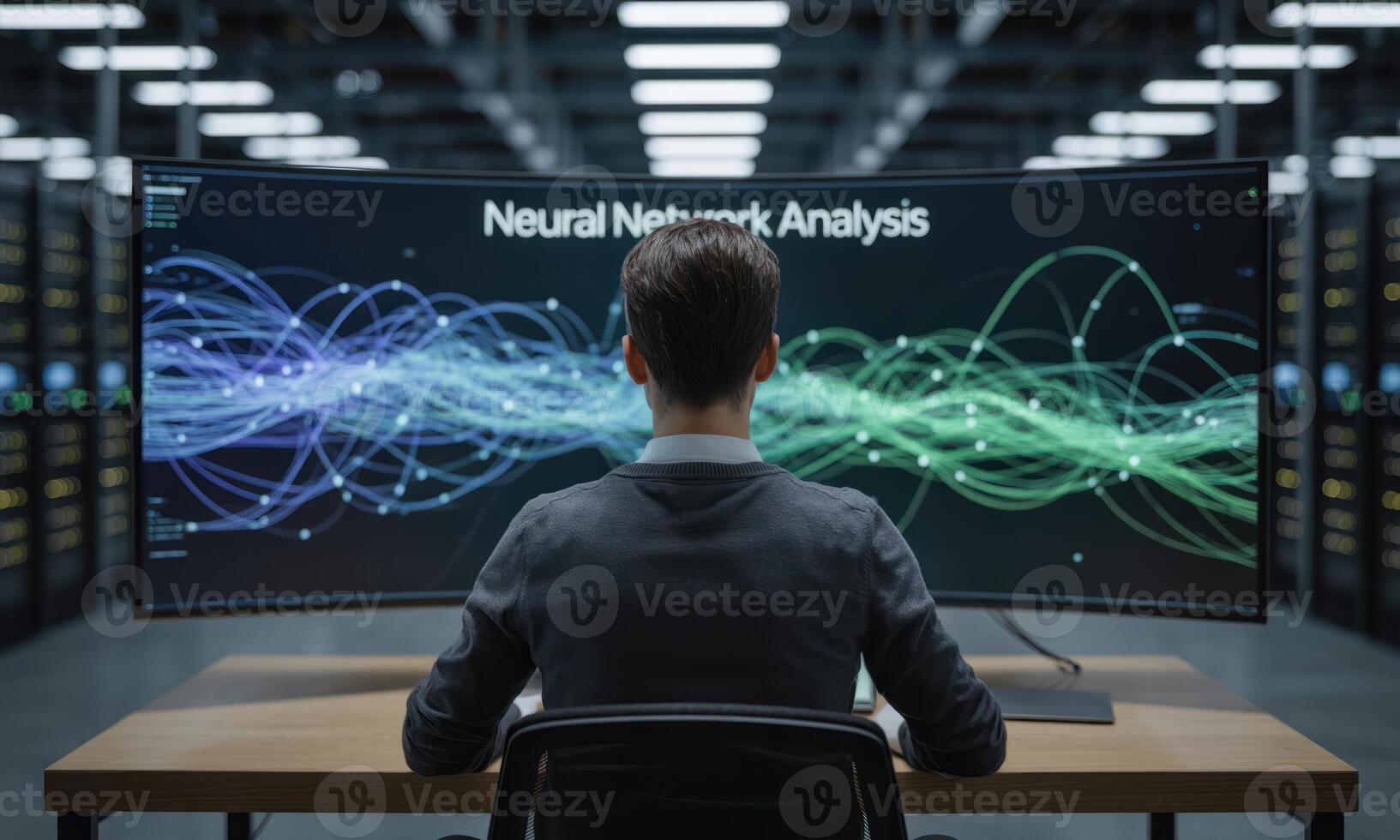 Data scientist analyzing neural network on large curved monitor in server room photo