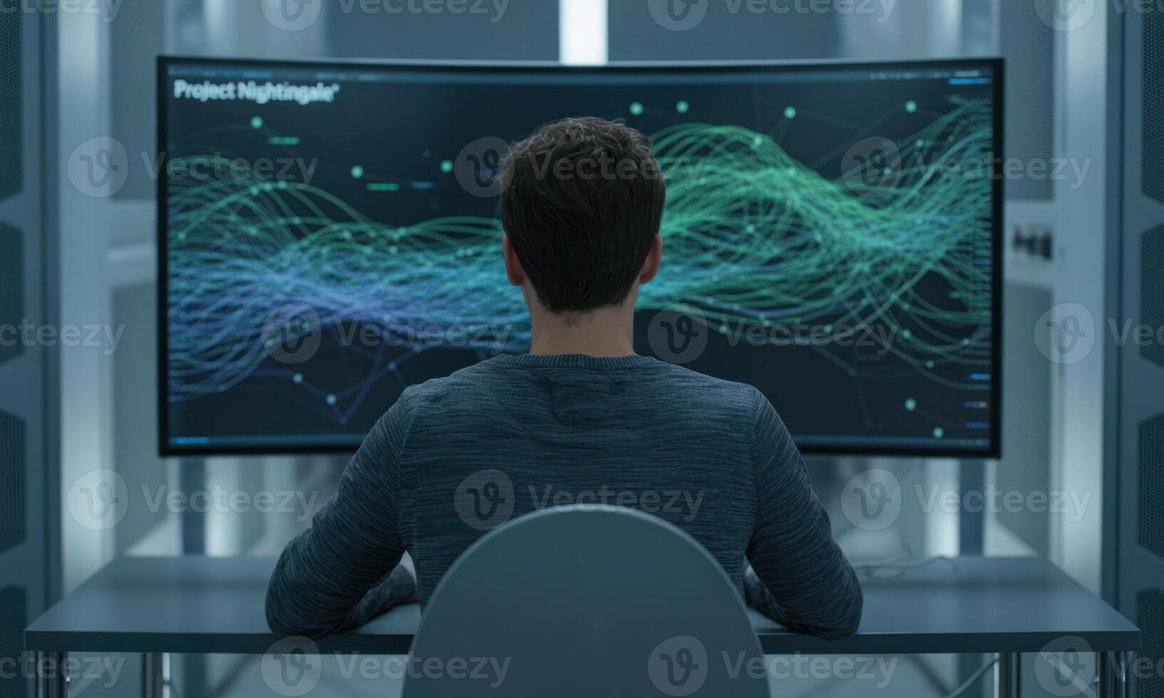 Data scientist analyzing complex digital information on large curved monitor in modern lab photo