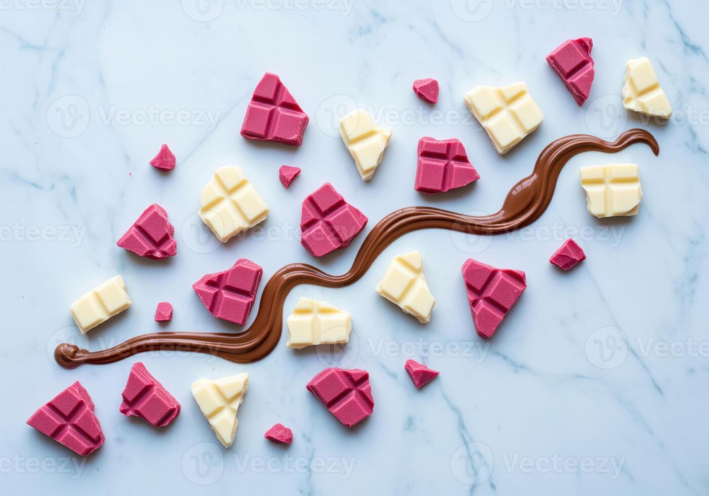 Assortment of white and ruby chocolate shards with melted chocolate on a marble surface photo