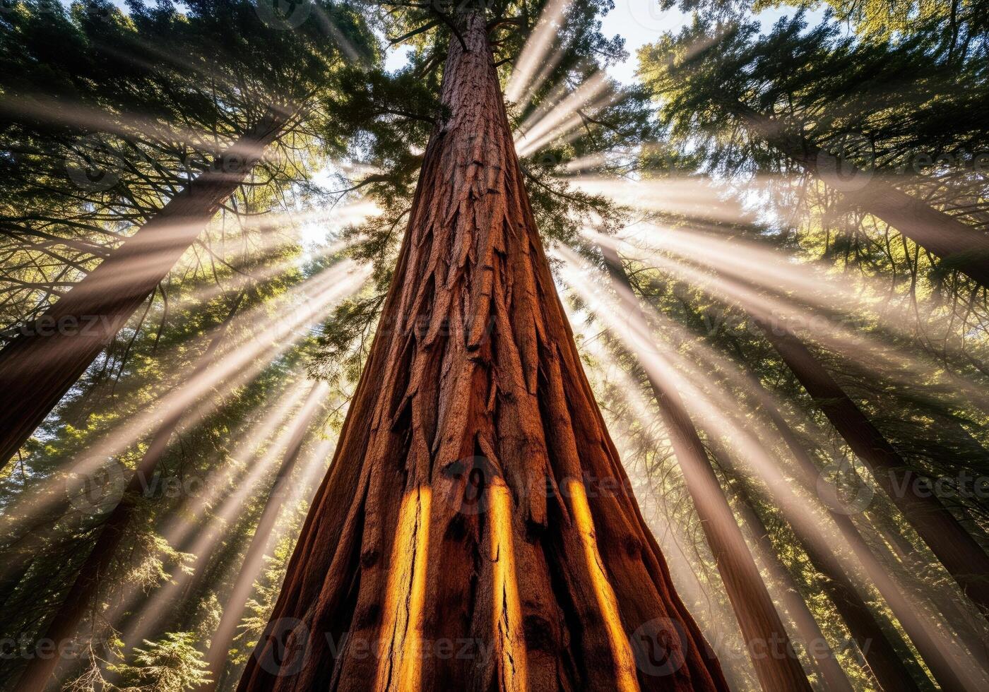 Majestic giant sequoia tree trunk reaching skyward with powerful sun rays piercing through forest canopy photo