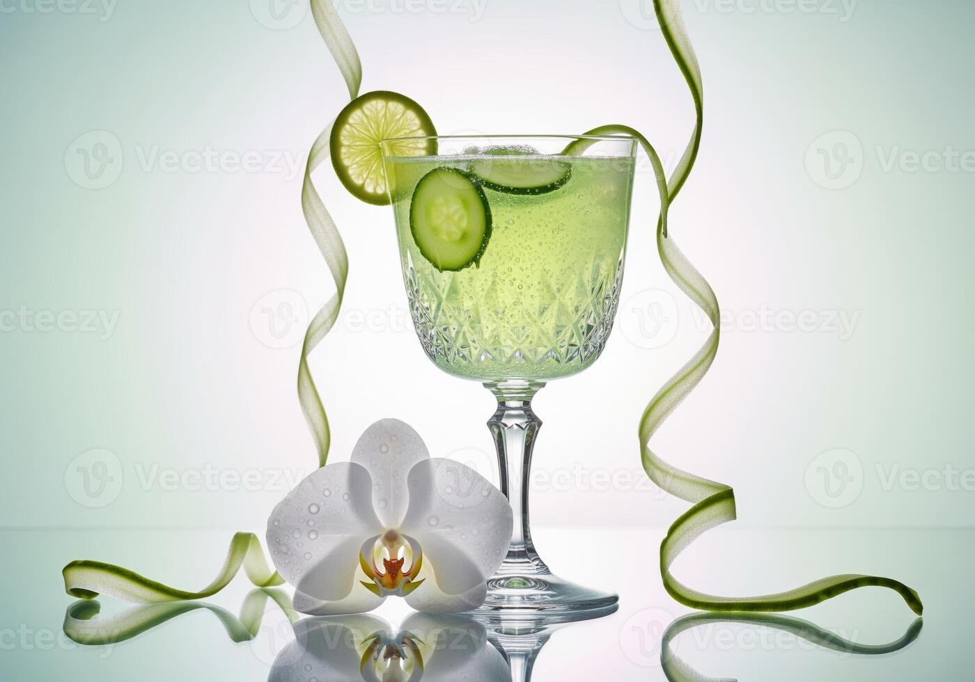 Whimsical garden elixir, refreshing cucumber lime drink in a crystal goblet with orchid photo