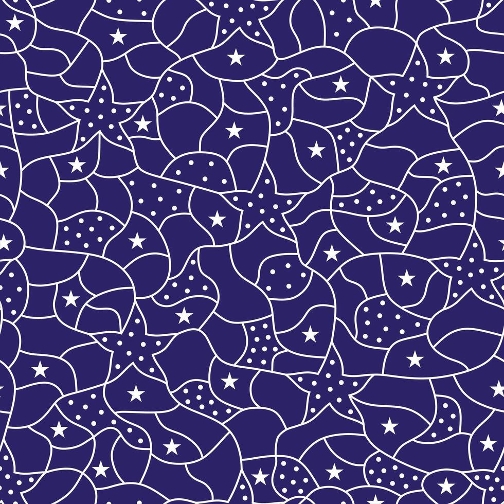 Seamless mosaic texture. Blue background. Geometric pattern. Lines, stars and dots. White lines and dots on blue or violet background vector