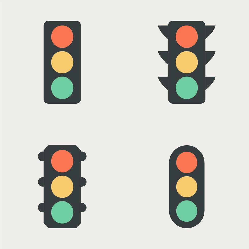 Traffic signal symbols in flat modern illustration with various light shapes and color-coded circular indicators vector
