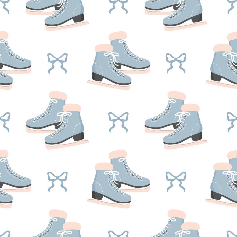 Charming ice skates and bows winter seamless pattern. Coquette ice skates background. vector