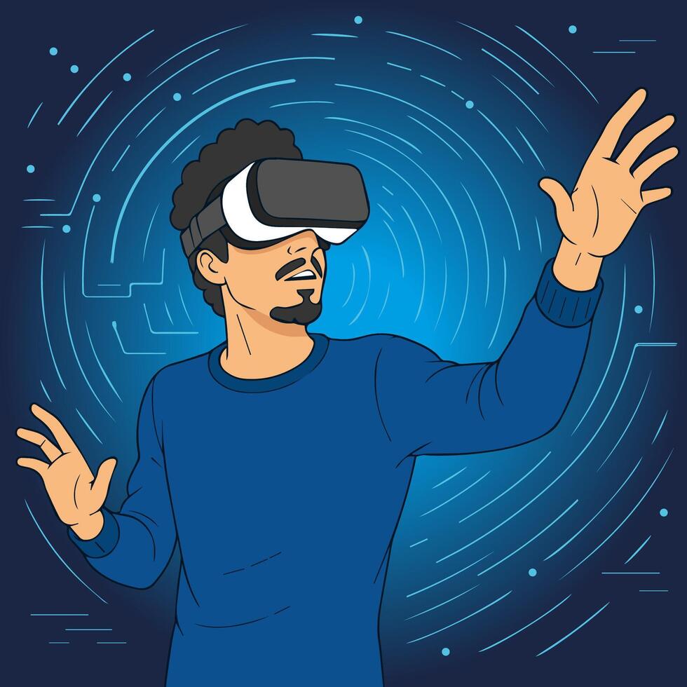 Man Using Virtual Reality Headset in Futuristic Digital Environment vector