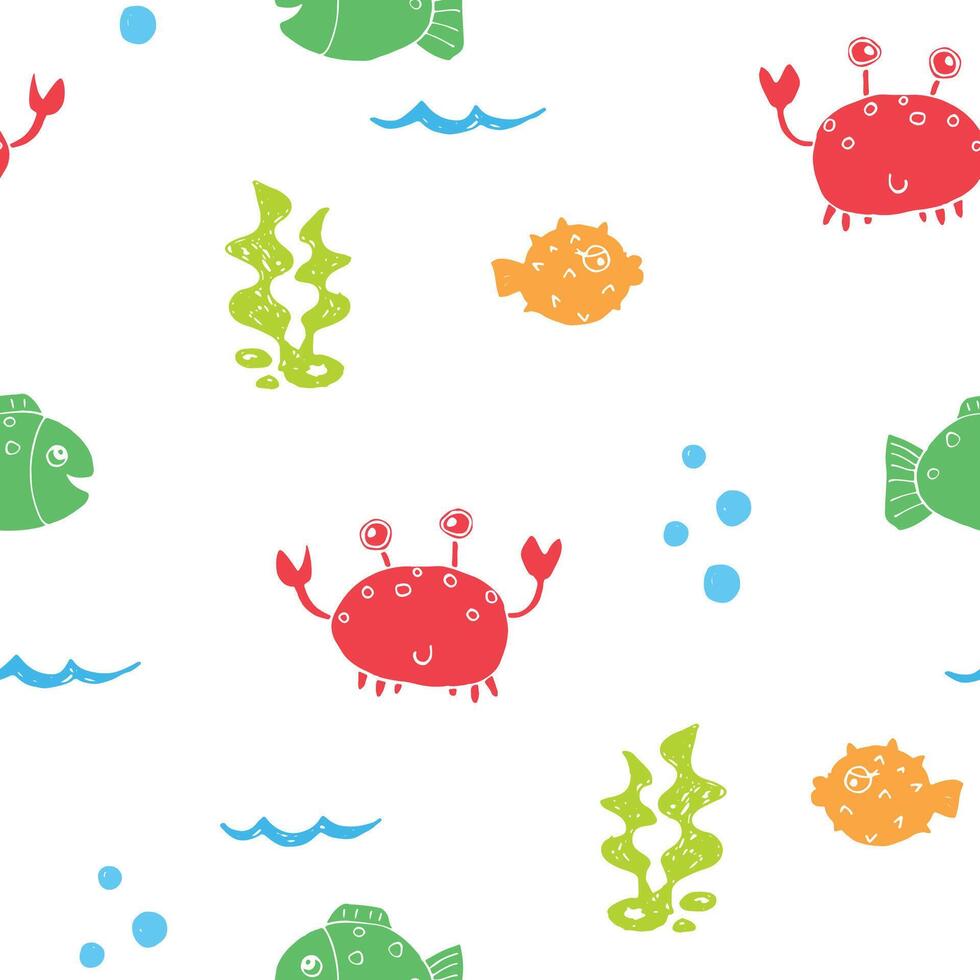 Seamless pattern with colorful crabs fish and seaweed on white background vector