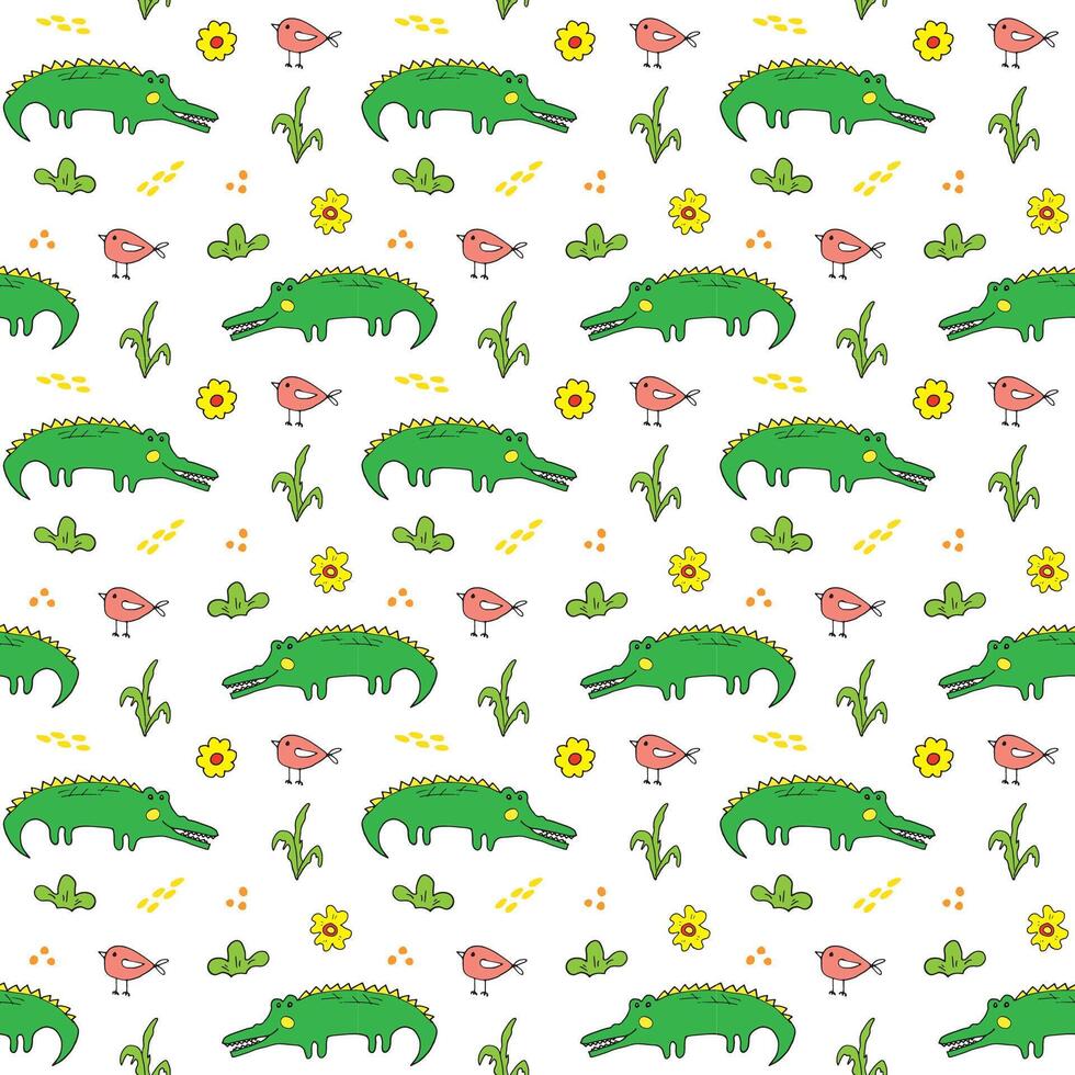 Alligator and bird pattern on white background vector