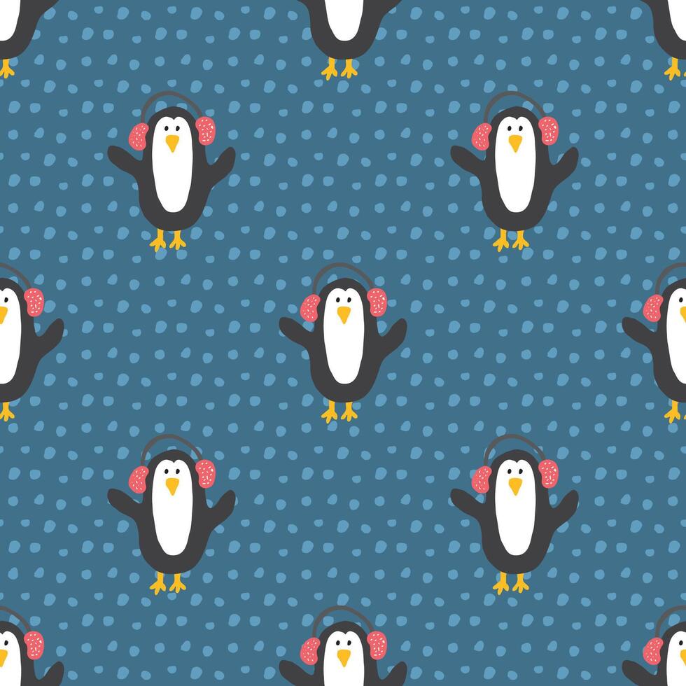 Penguin seamless pattern with polka dots on a blue background vector
