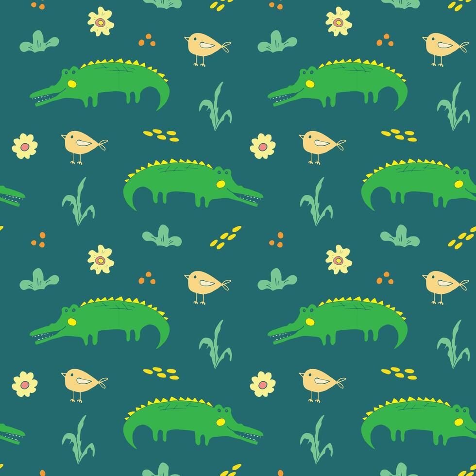 Seamless pattern with a crocodile and birds on a green background vector